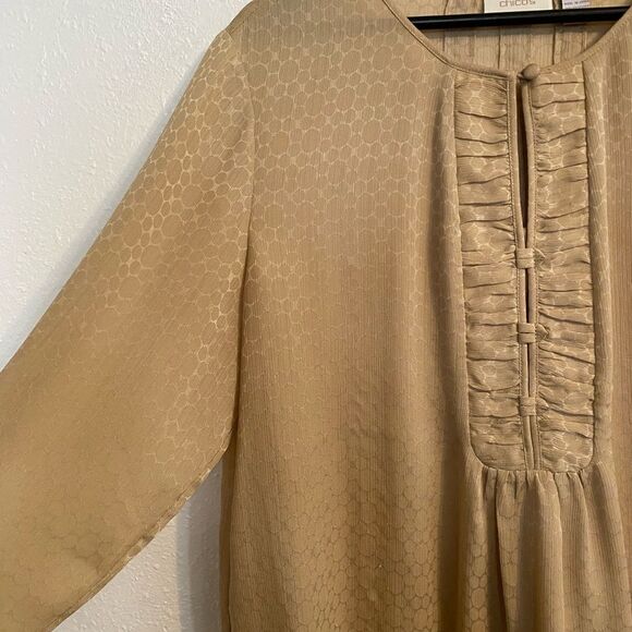Chico's 2 L 12/14 Gold Tuxedo Front Blouse, Elegant, Textured, Art to Wear UB34 - Picture 3 of 8